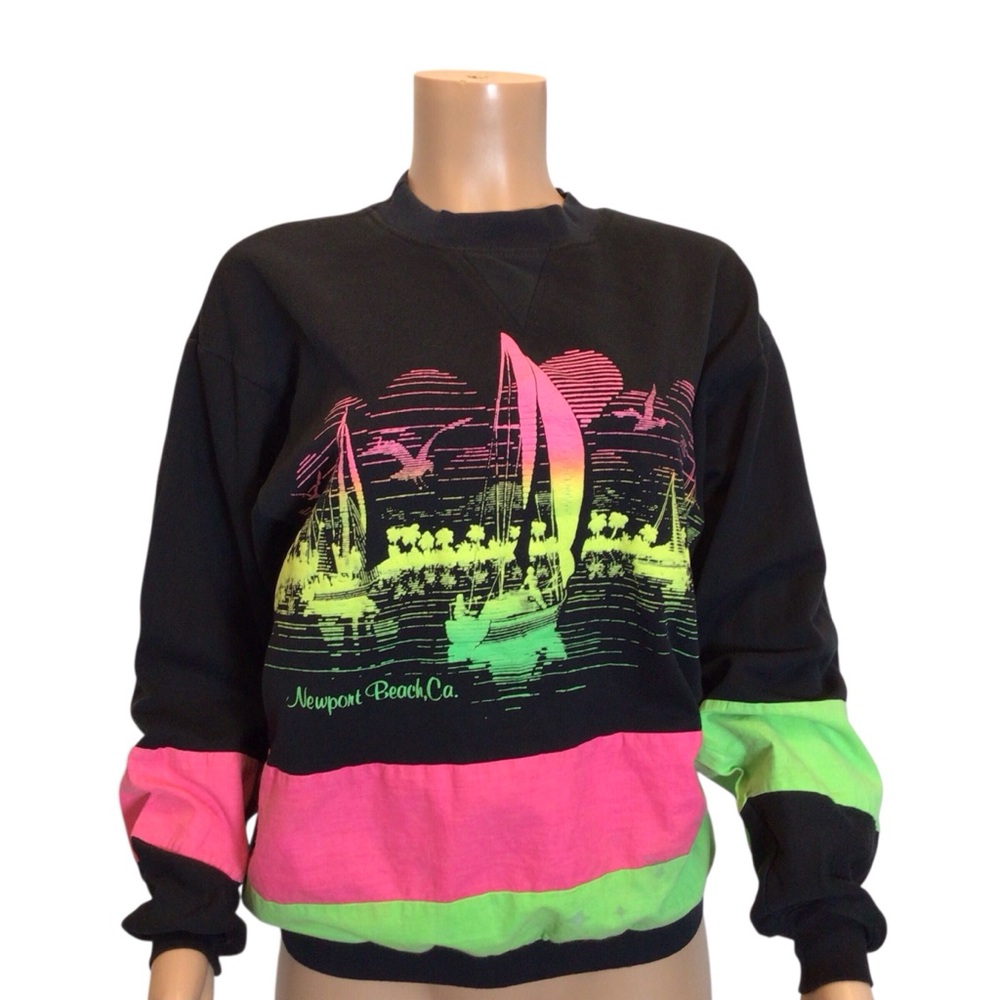 Vintage 80s Diport USA Sweatshirt Womens L Neon Puff Paint Newport Beach Coastal - Picture 8 of 14